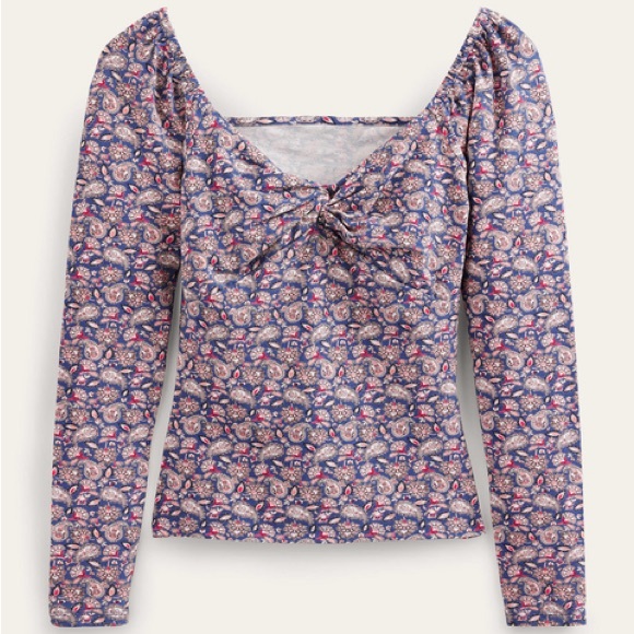 Boden Paisley Print Jesery Knot Sweetheart Neckline Blouse - Picture 1 of 5